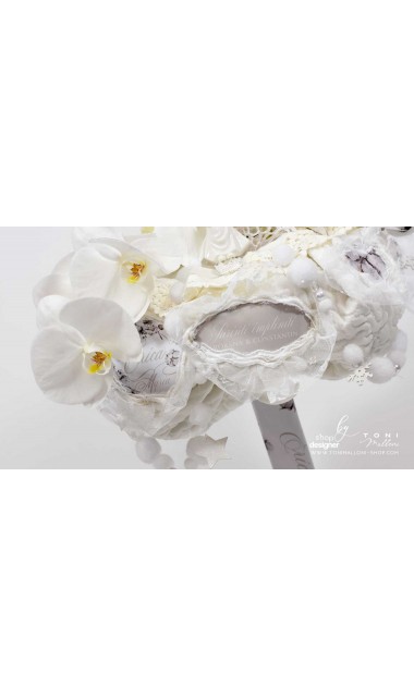 Lumanare de botez alba personalizata cu orhidee phaleonopsis dantela si flori de bumbac 13
